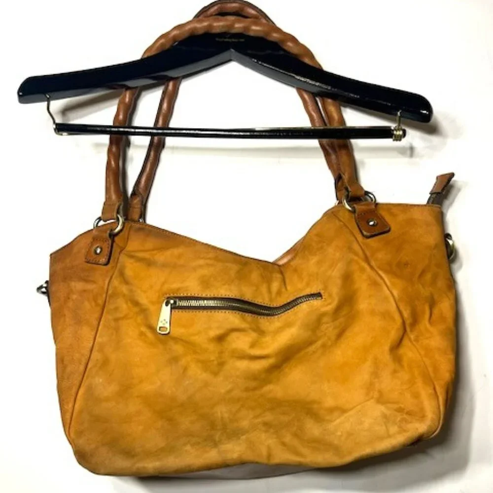 Patricia Nash Distressed Cognac Brown‎ Leather Tassel Bucket Tote Bag